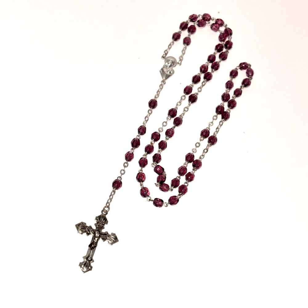 Purple Amethyst Faceted Glass Bead Rosary Silver Tone Crucifix Virgin Mary 18.5"